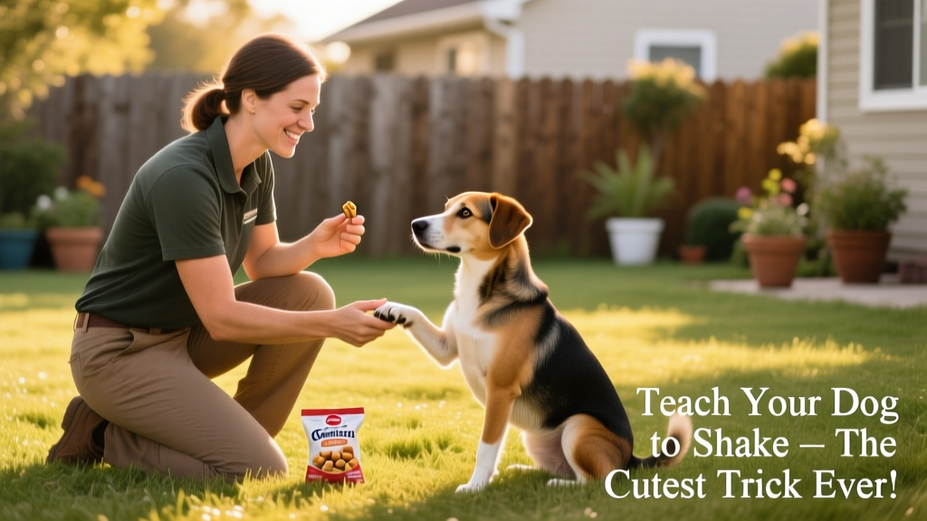 Trainer holding small treats in hand while kneeling beside a seated dog