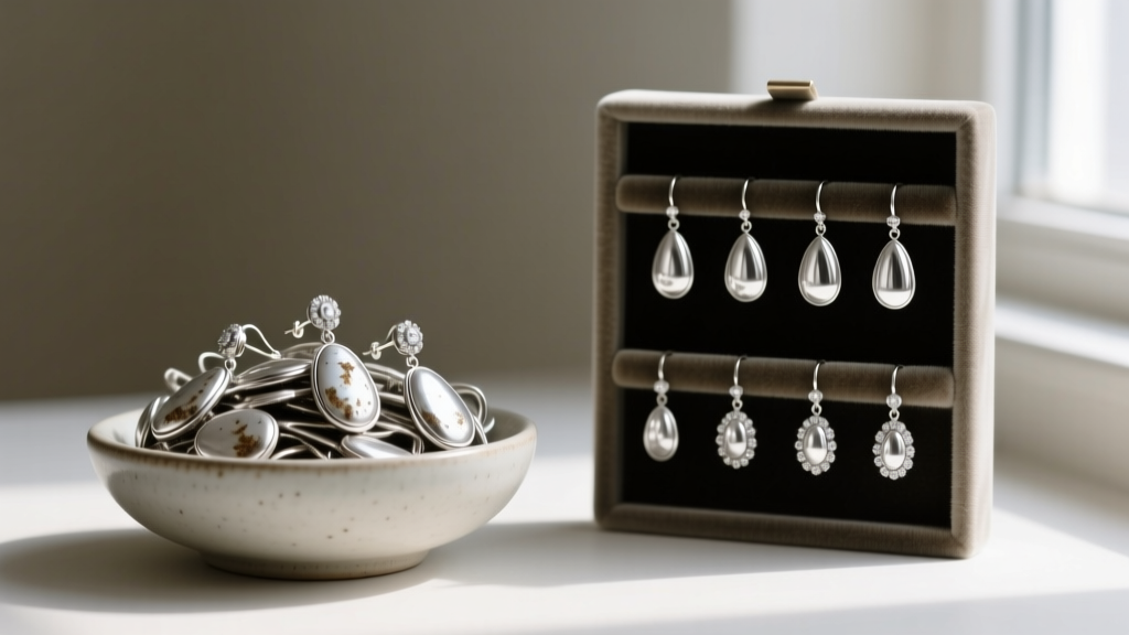Tarnished silver drop earrings piled in a bowl next to pristine silver dangles hanging neatly in a structured velvet organizer