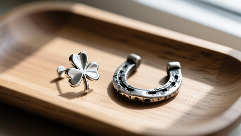Polished titanium four-leaf clover earring next to an oxidized sterling silver horseshoe charm on a wooden jeweler's workbench.