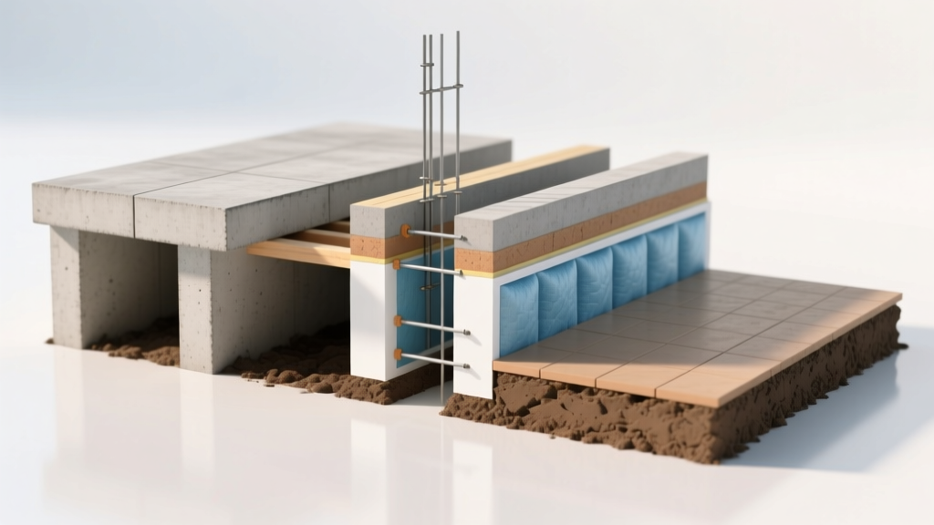 Cross-section rendering comparing thickened-edge concrete slab-on-grade with crawl space concrete piers and a thin mud slab floor.