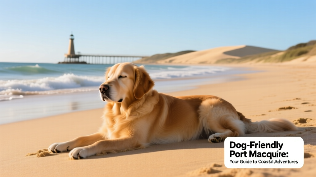 A relaxed golden retriever enjoying Nobbys Beach with soft sand and gentle surf