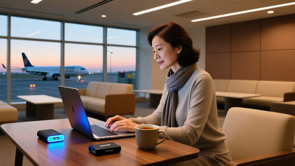 Travel blogger editing 4K video on a laptop in a dimly lit airport lounge with a glowing power bank and portable SSD on the desk