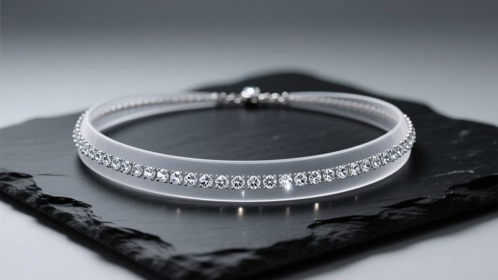 A clear nylon illusion necklace with tiny diamond stations resting on dark slate, illuminated by soft, diffused studio lighting.