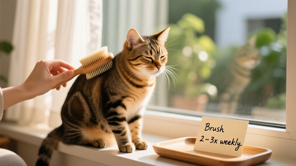 Close-up of a person gently brushing a short-haired tabby cat on a sunlit windowsill