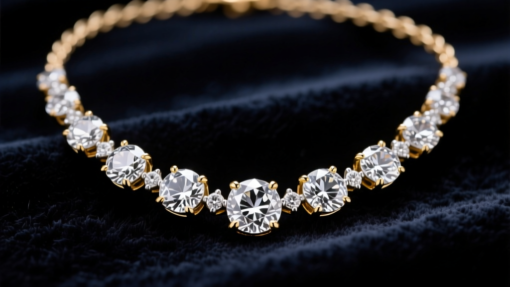 Macro shot of a Georgian riviere necklace featuring rose-cut diamonds in closed-back silver-topped gold settings on dark velvet
