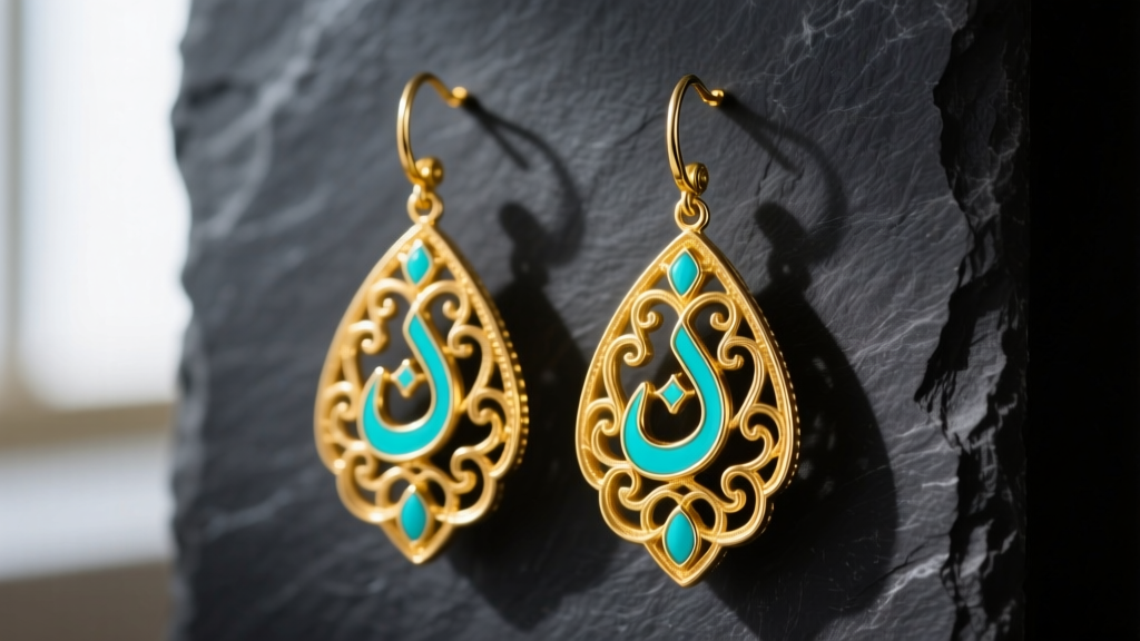 Close-up of elaborate 22k yellow gold Arabic drop earrings with intricate filigree and turquoise enamel accents on dark slate.