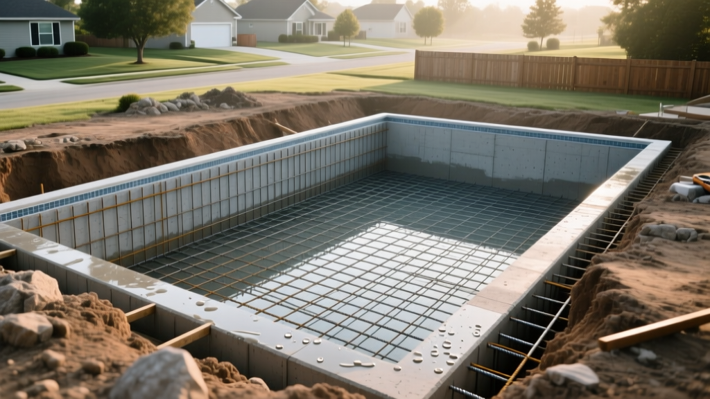 Aerial view of a newly excavated gunite swimming pool showing exposed steel rebar grid in a suburban backyard with rocky soil.