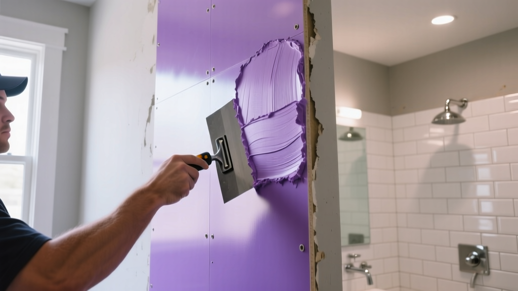 Contractor installing purple fiberglass-faced mold resistant gypsum board on a bathroom wall with a trowel and setting compound