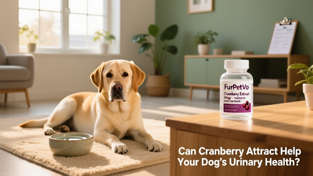 A calm, healthy dog resting comfortably after a vet visit, with a water bowl nearby and a FurPetVo supplement bottle on the counter
