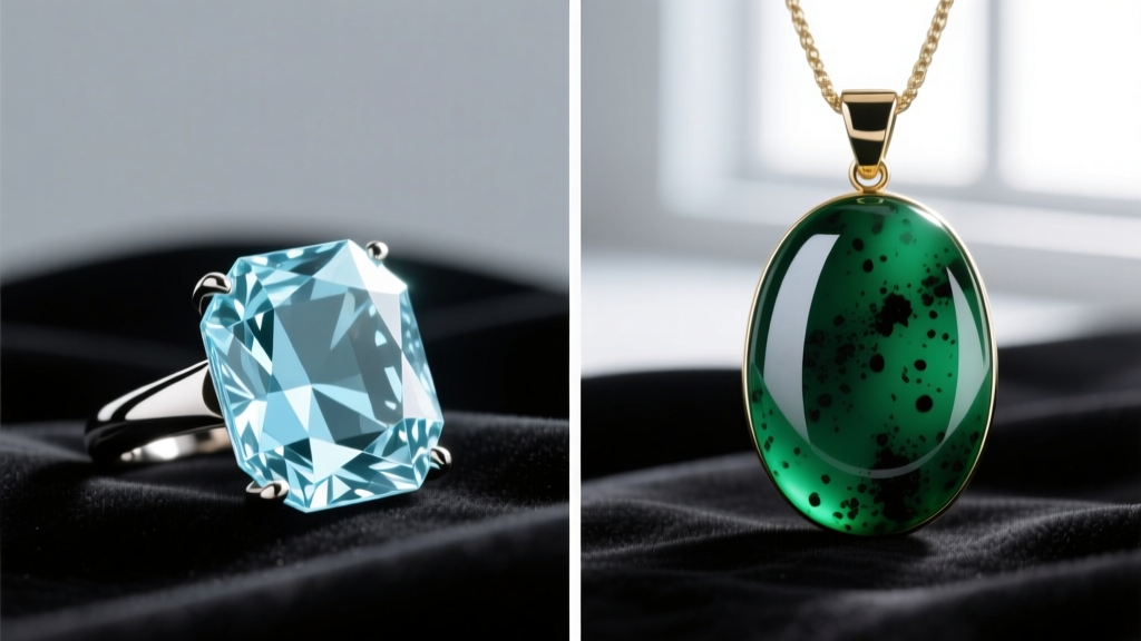 Macro split-screen of a faceted pale blue aquamarine ring and a polished green bloodstone cabochon pendant resting on dark velvet