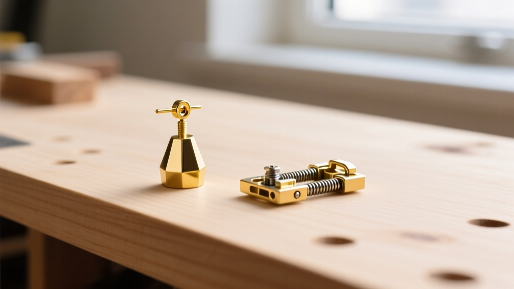 Digital calipers measuring a 20-gauge gold earring post beside a disassembled tension-snap lock backing on a wooden workbench.