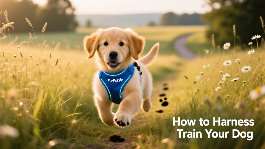 A dog wearing a FurPetVo harness running playfully through grass