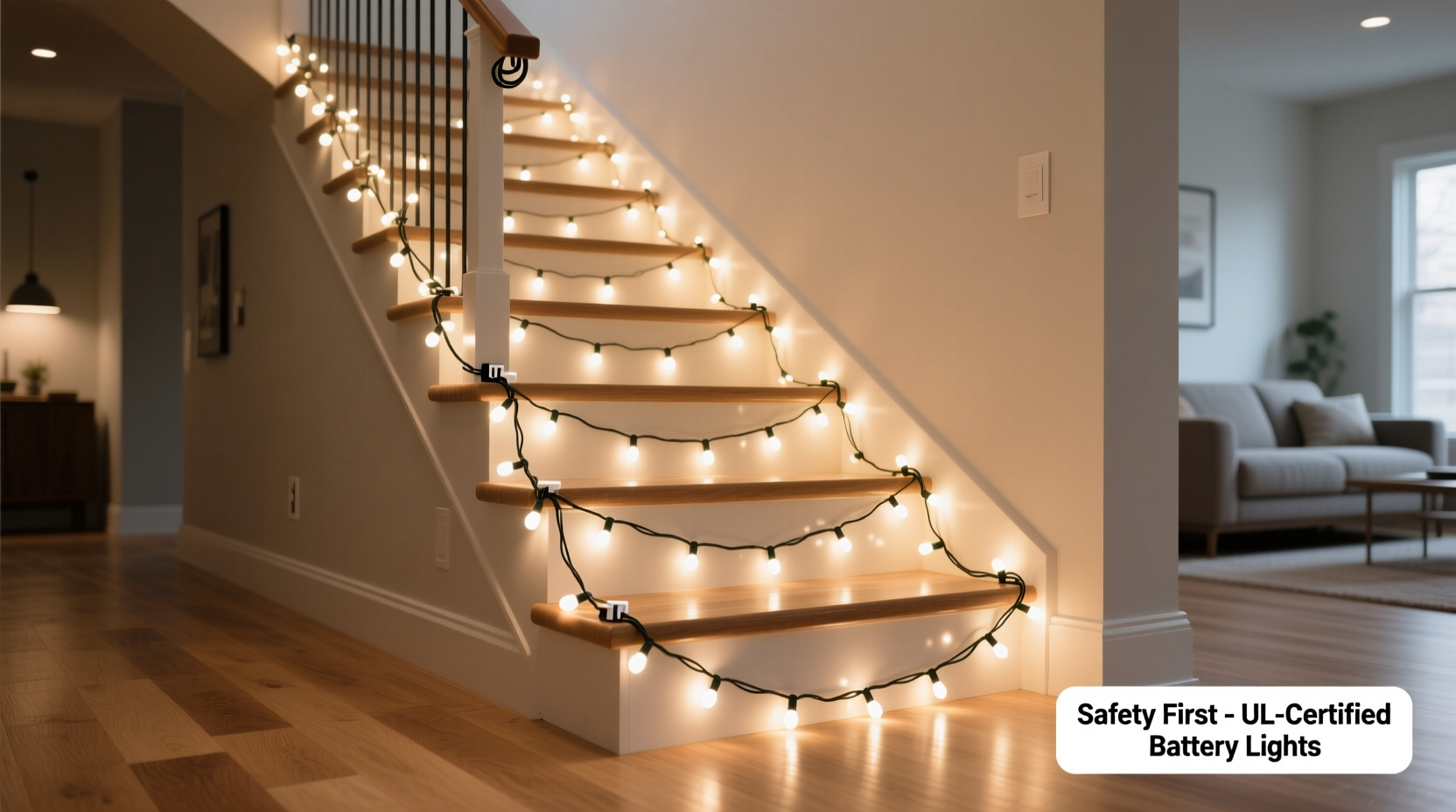how to decorate a staircase with battery powered string lights safely