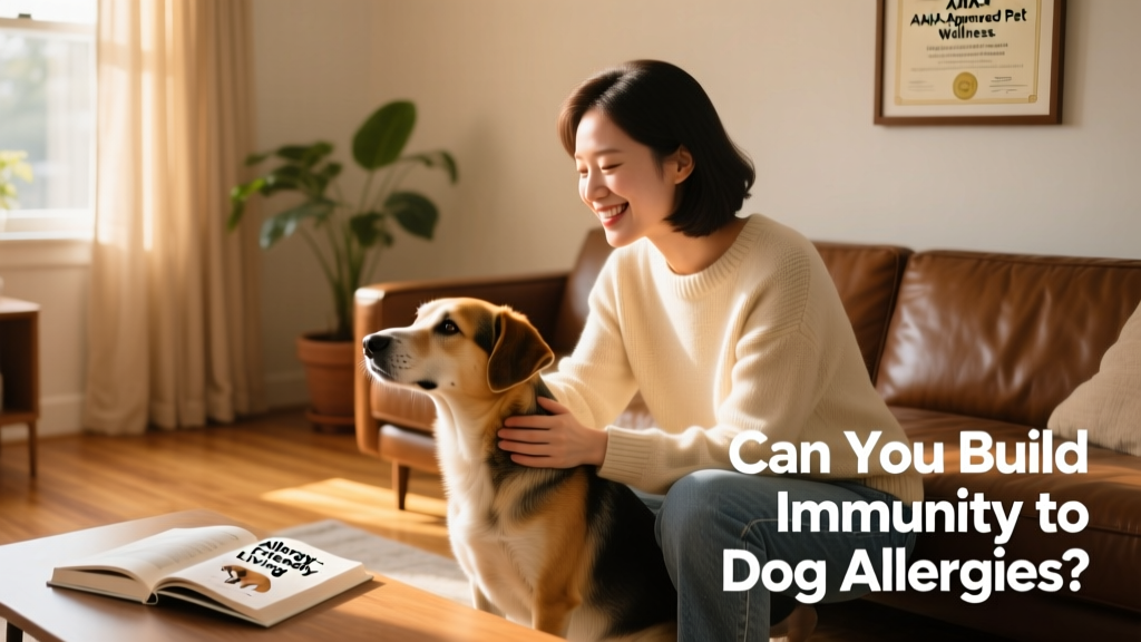 A person gently petting a calm, medium-sized dog indoors while smiling