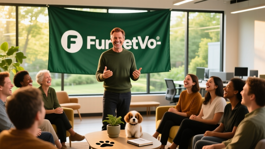 Mathew Prior speaking at a team gathering, surrounded by colleagues and a FurPetVo-branded banner