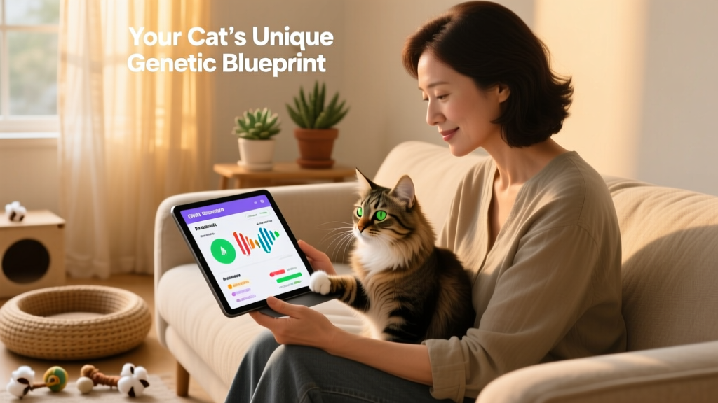 Pet parent reviewing DNA test results on a tablet alongside their calm, curious cat