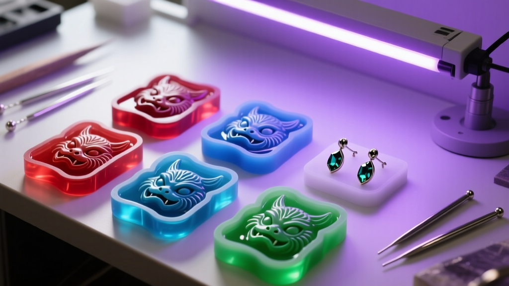Overhead shot of workbench with UV resin, silicone yokai molds, and titanium earring posts assembled under a purple UV lamp