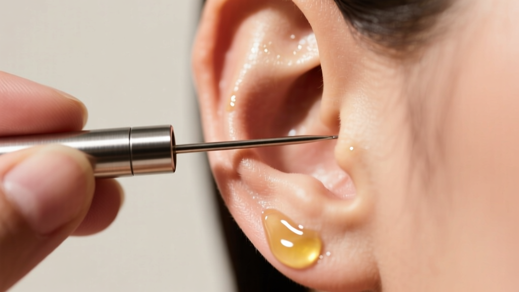 Hands inserting a polished steel piercing taper into a slightly shrunk earlobe hole, lubricated with clear jojoba oil in daylight.
