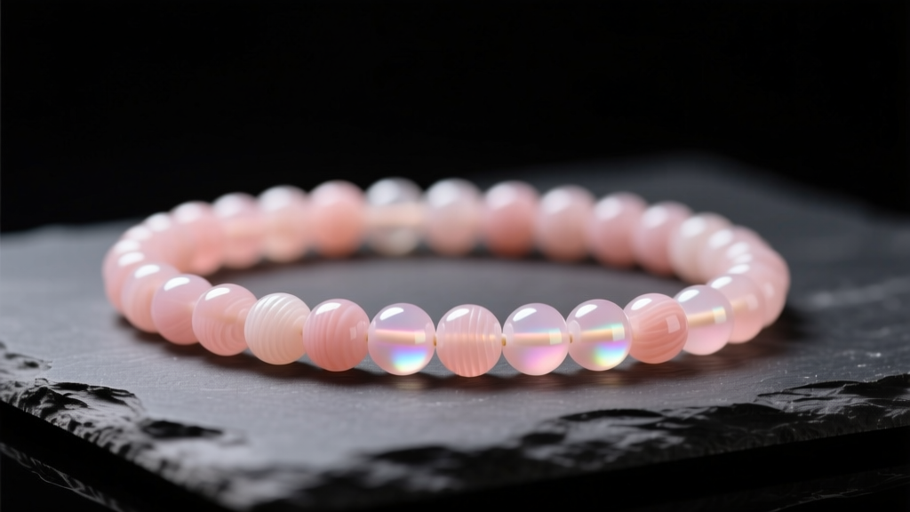 A strand of 8mm angel skin coral beads on dark slate, showing pale pink hues and soft luster under diffused studio lighting.