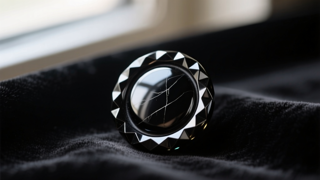 Close-up macro photography of a Victorian black glass mourning button with intricate faceted edges resting on dark velvet fabric.