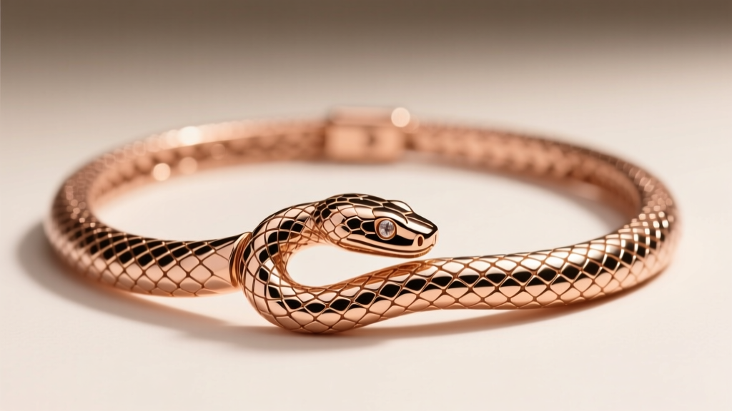 Close-up of an 18k rose gold Bvlgari Serpenti Viper necklace displaying interlocking scale motifs under soft studio lighting.