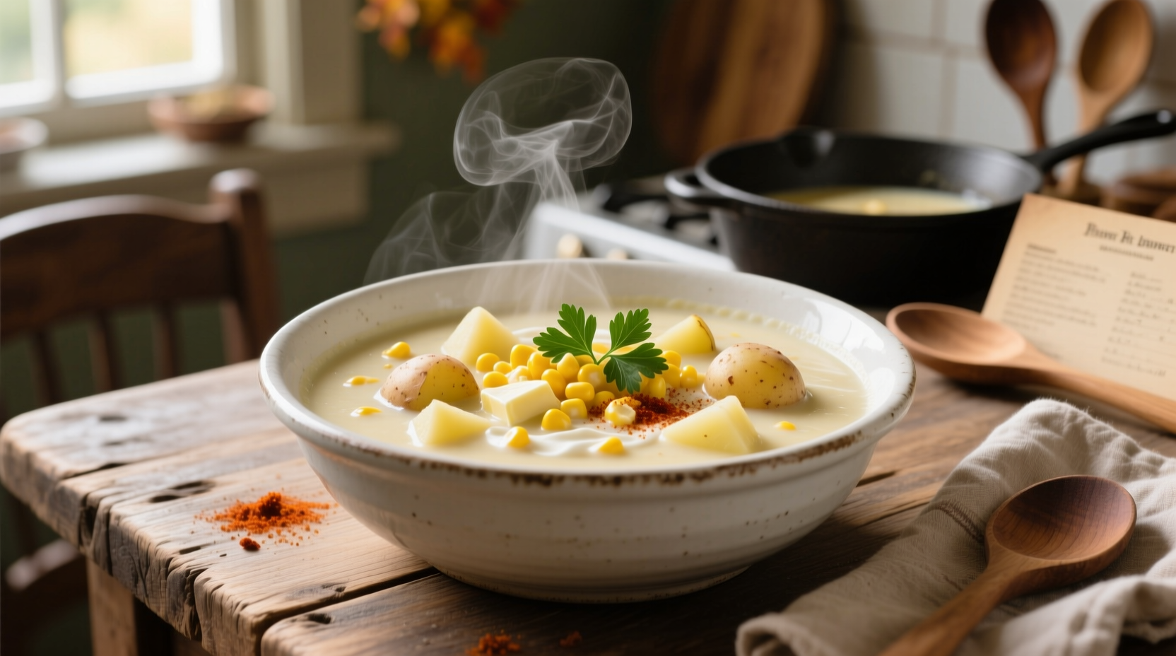 Creamy corn potato chowder in white bowl