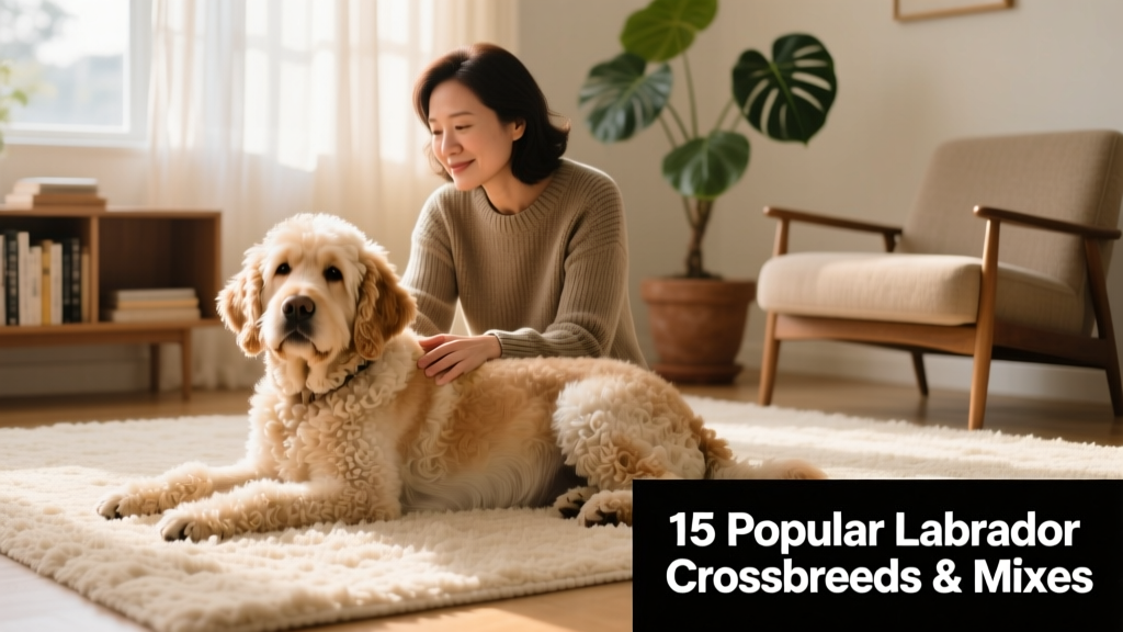 A fluffy Chabrador resting calmly beside its owner on a cozy living room rug