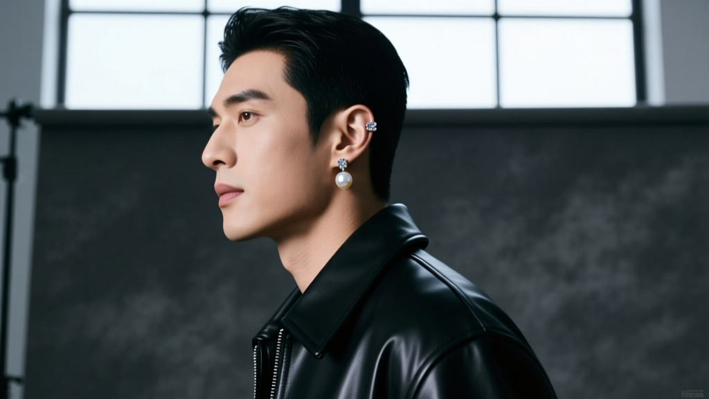 Stylish man in leather jacket showcasing a pearl drop earring and diamond stud ear stack against a moody studio backdrop