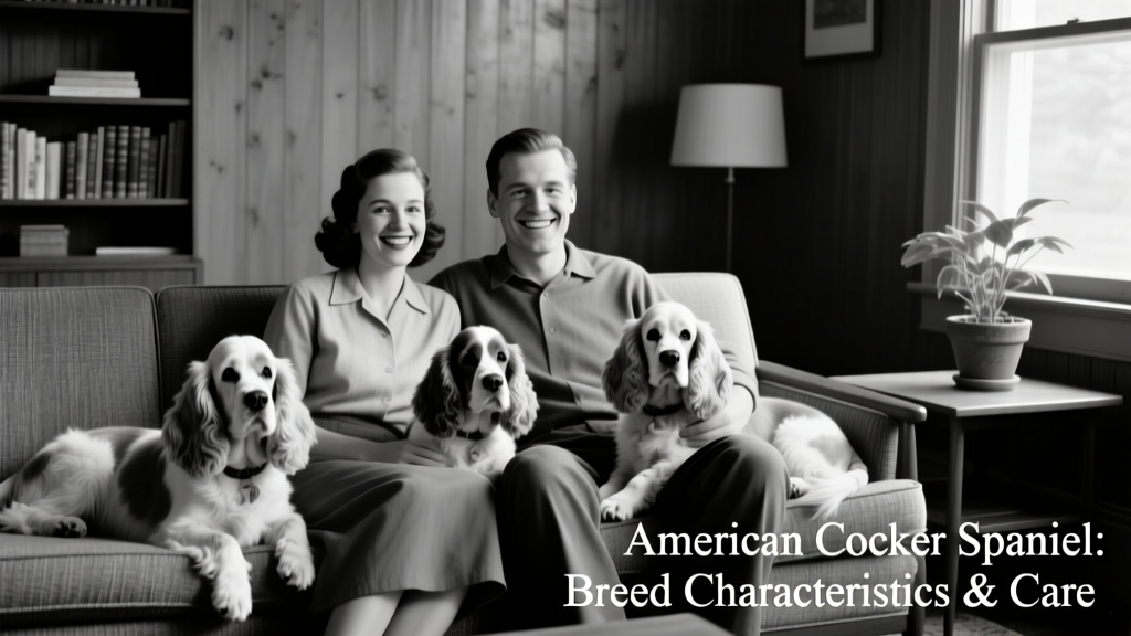 Vintage black-and-white photo of a smiling couple with three American Cocker Spaniels seated on a living room couch