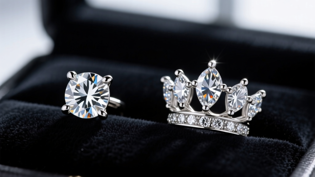 Macro photography comparing a 4-prong martini setting and a 6-prong crown setting for heavy diamond earrings on a dark velvet pad