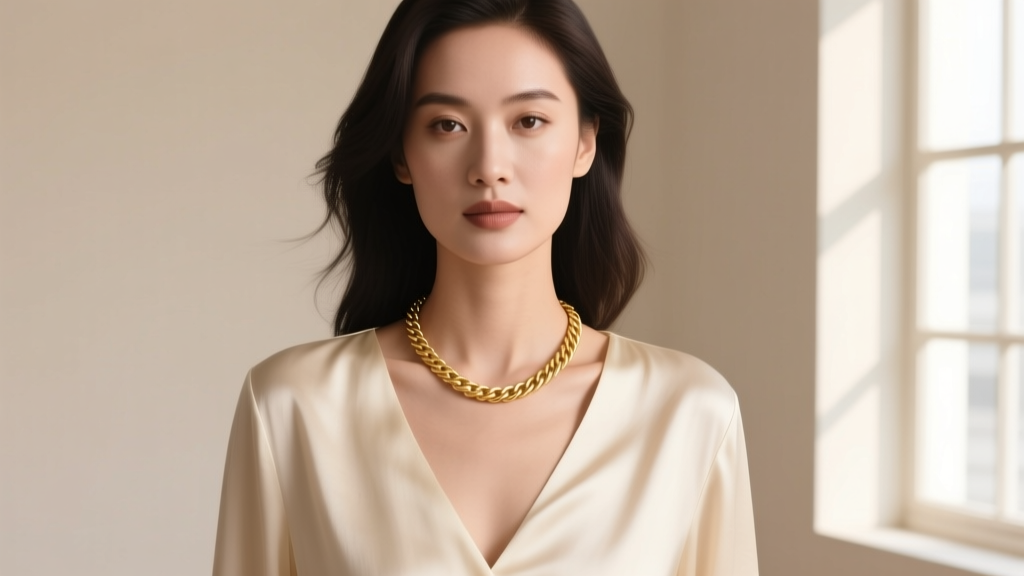 Elegant woman wearing a delicate 18-inch 14k gold cable chain resting perfectly on her collarbone against a cream silk blouse