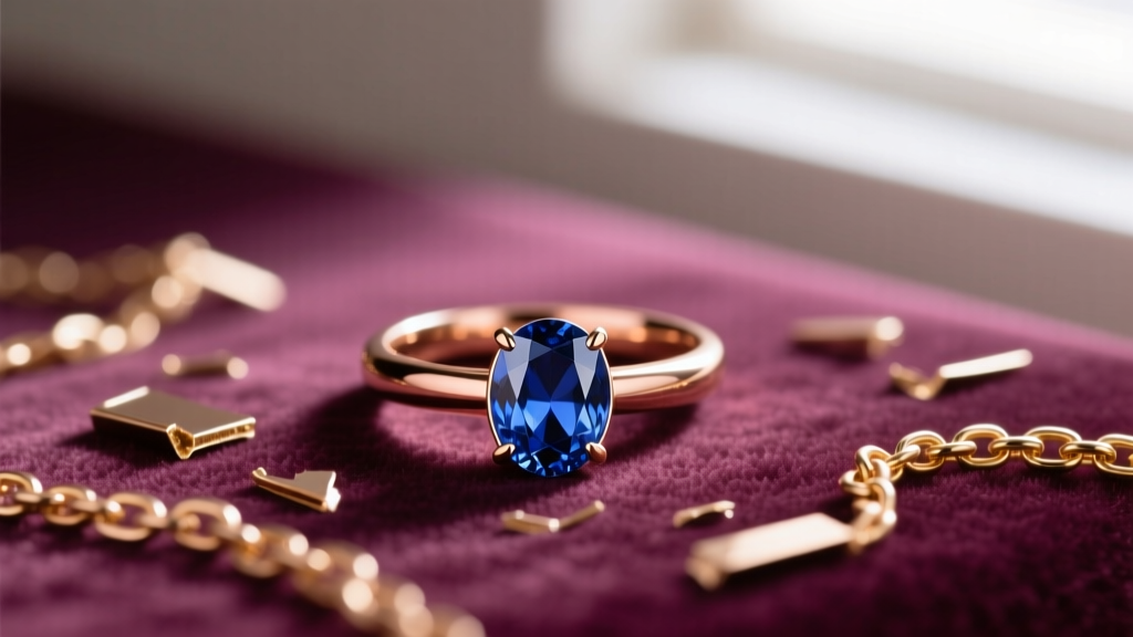 Modern 18k rose gold engagement ring with a vintage oval sapphire resting on velvet beside a pile of broken gold chain links.
