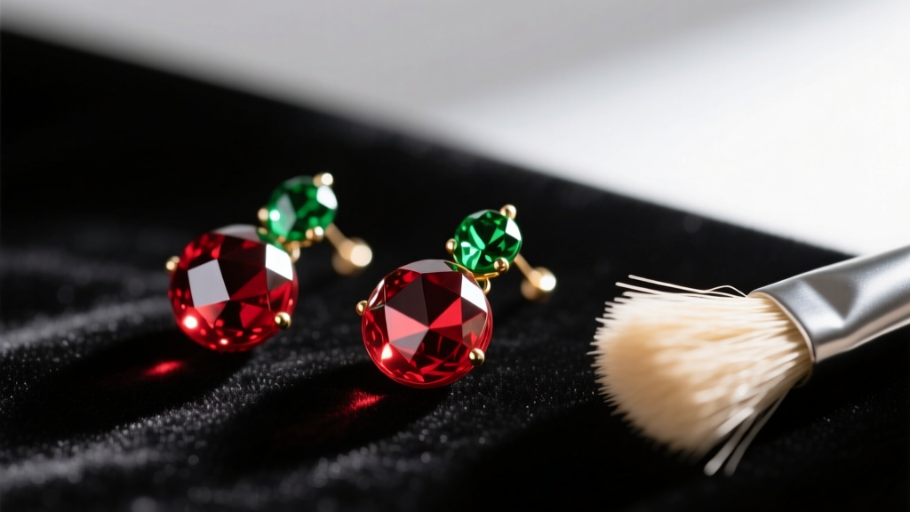 Macro shot of red and green glass Christmas earrings beads on dark velvet with a soft bristle cleaning brush nearby.