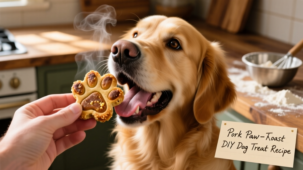 Hand placing a freshly baked paw-shaped treat into a dog’s open mouth