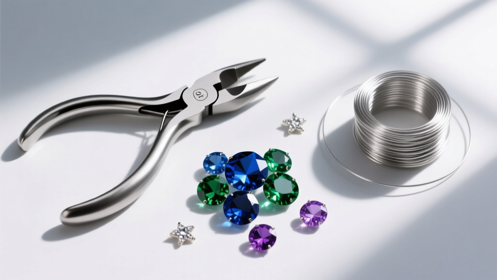 Overhead flat lay of jewelry tools including round nose pliers, flush cutters, 20-gauge silver wire, and gemstone briolettes