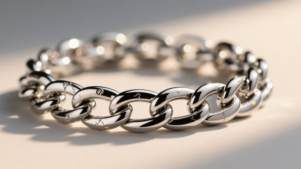 Extreme close-up of a solid 950 platinum curb chain link showing the mirror polish, work-hardened edges, and dense metal structure