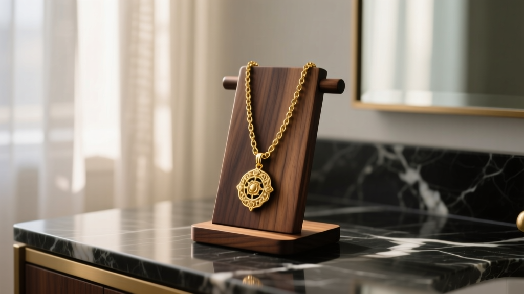 Solid walnut necklace stand holder displaying a heavy gold pendant chain on dark marble vanity, soft morning light, photorealistic.