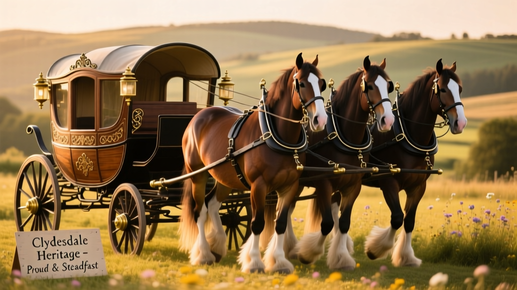 A team of Clydesdales hitched to a traditional-style carriage, ready for a public appearance