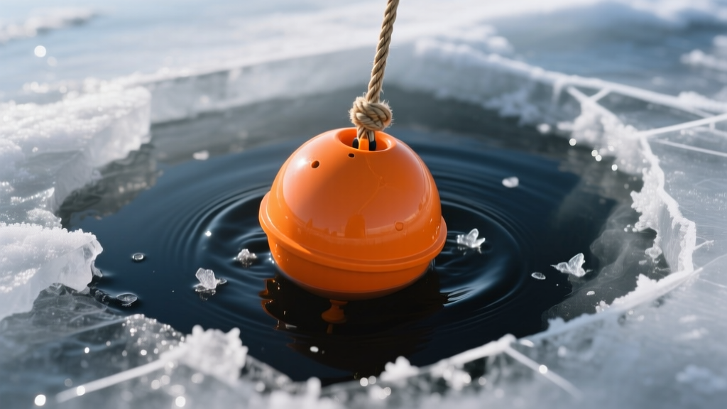 Close up of orange spherical castable sonar device being pulled through dark slushy ice fishing hole with braided line