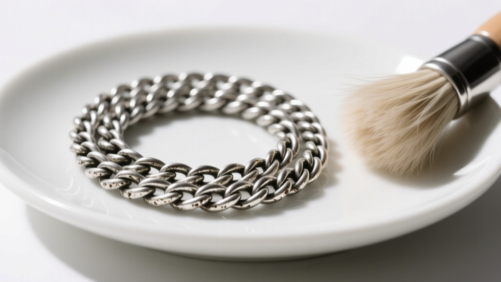 Tarnished 925 sterling silver rope chain on a white ceramic dish beside a soft horsehair brush under bright studio lighting.