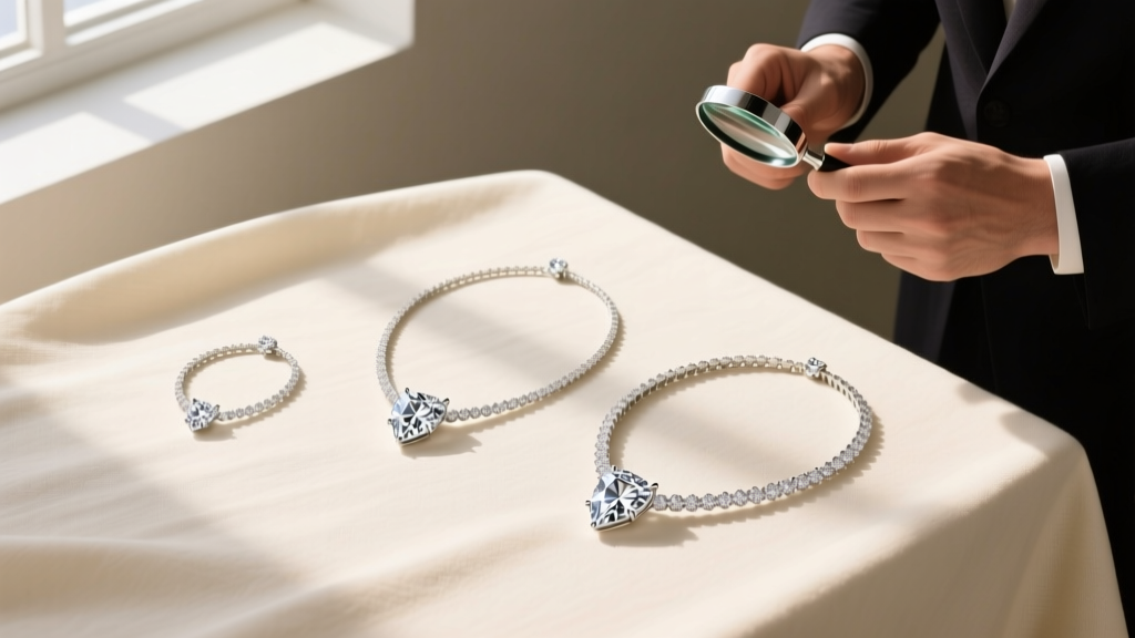 Flat lay comparing three diamond slice necklaces of varying sizes on cream linen, alongside a jeweler