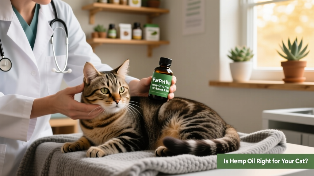 A veterinarian gently examining a senior cat while holding a FurPetVo hemp supplement bottle