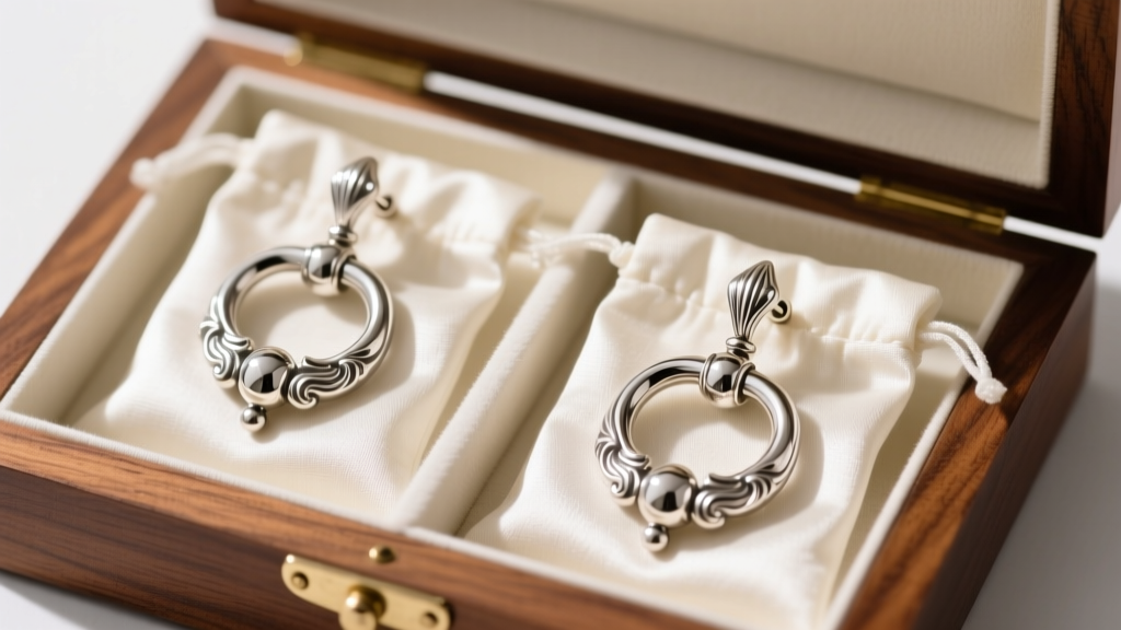 Polished sterling silver door knocker earrings stored in individual anti-tarnish cloth pouches inside a lined wood jewelry box.