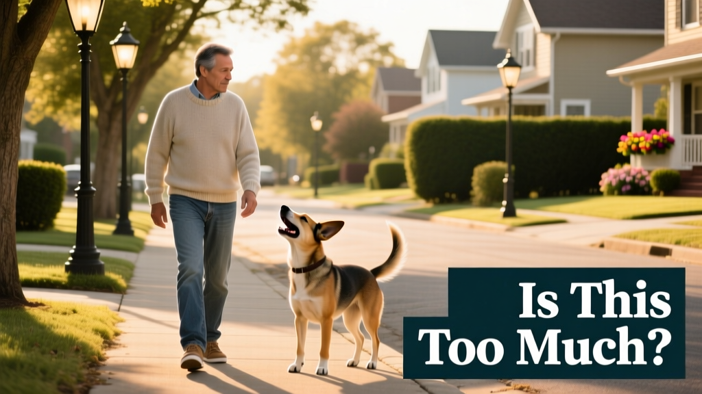 Dog owner observing their pet's behavior while walking past a quiet neighborhood street