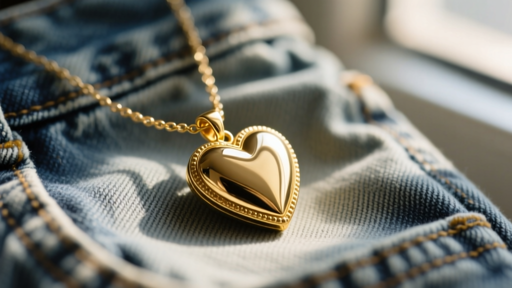 Close-up of a gold-plated brass heart pendant necklace resting on vintage denim, illuminated by soft natural window lighting.