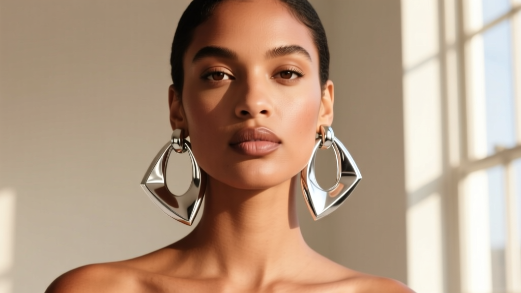 Studio portrait showing thick silver chunky hoop earrings on a model, highlighting the polished sterling metal against warm skin tones