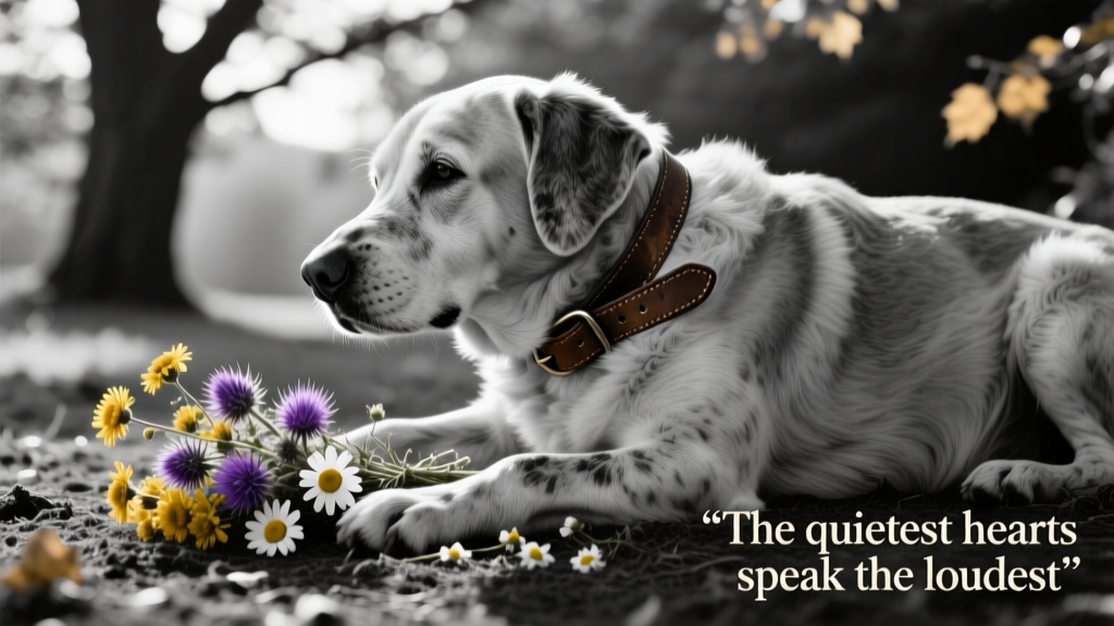 A gentle, black-and-white photo of an older dog resting peacefully beside a worn leather collar and a small bouquet of wildflowers