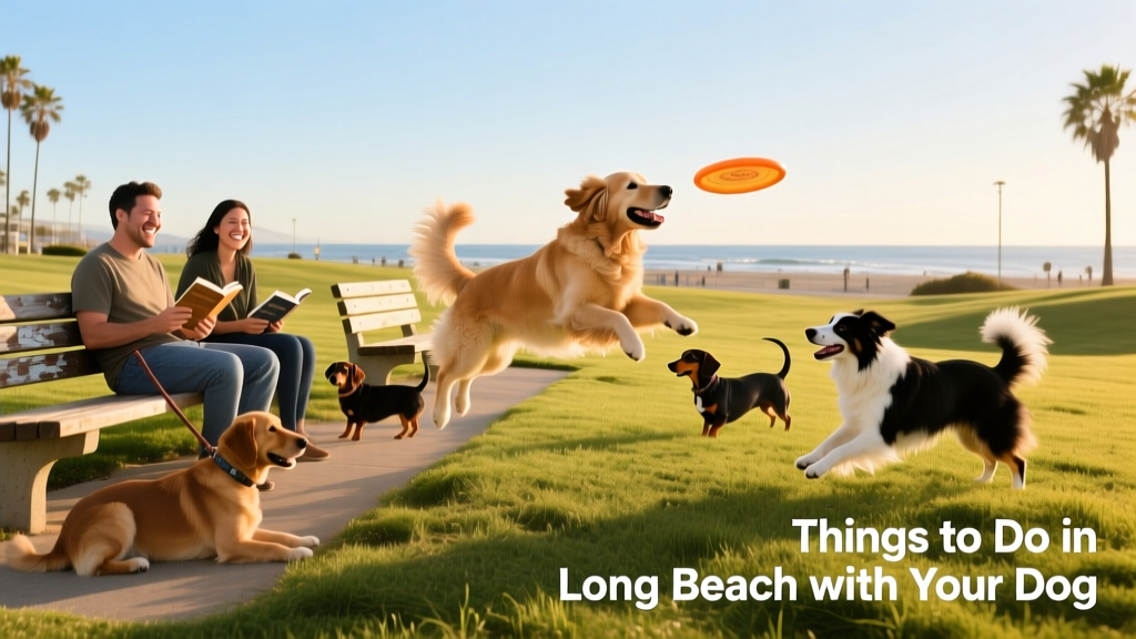 A sunny, grassy dog park in Long Beach with dogs playing and owners relaxing on benches