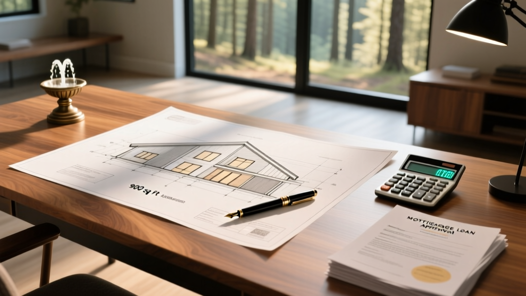 Blueprints for a 900 sq ft modern cabin on a wooden desk beside a financial calculator, pen, and mortgage loan approval documents.