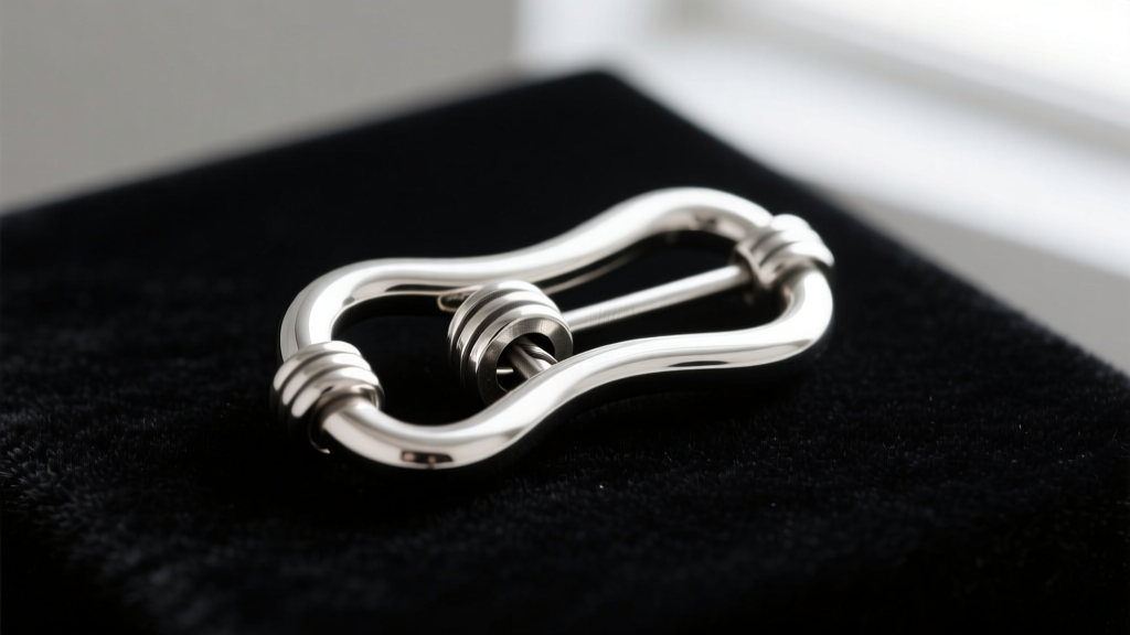 Detail view of a custom sterling silver toggle clasp with an internal steel pin resting on a dark velvet jeweler